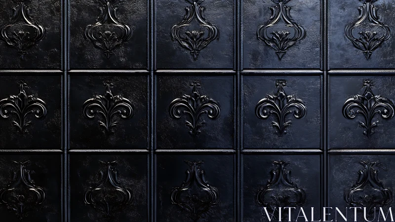 Ornate black wall tiles create a dramatic, sculpted surface.