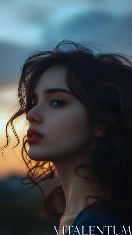 Side-profile portrait shows young woman against sunset sky