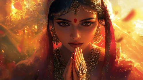 Golden dusk prayer with a jeweled gaze of quiet power.