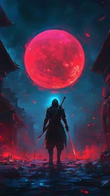 Crimson lunar warrior under neon vaporlit ruined street.