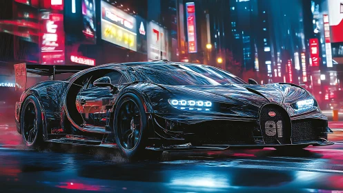 Hypercar races through neon-soaked cyberpunk cityscape at night
