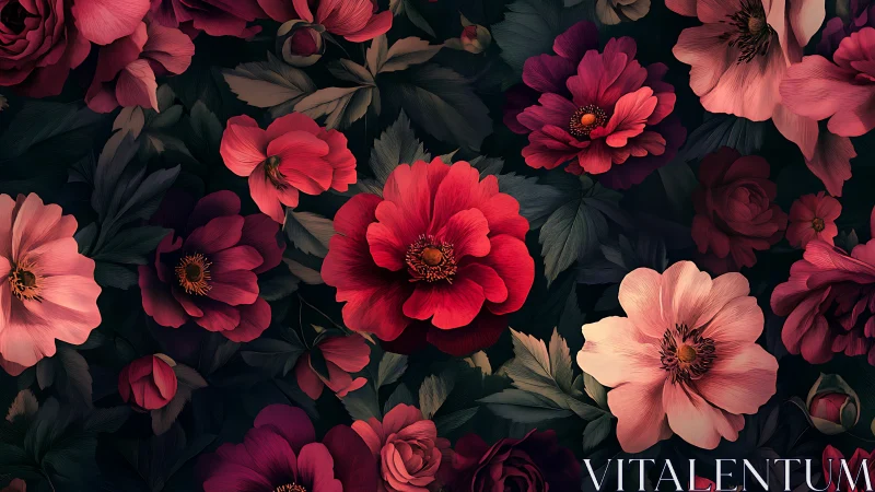 Red Peony Florals Against Dark Foliage. Vibrant Botanical Composition.