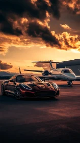Luxury sports coupe and private jet on tarmac at sunset