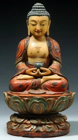 Polychrome Buddha sculpture seated on lotus pedestal, studio-lit.