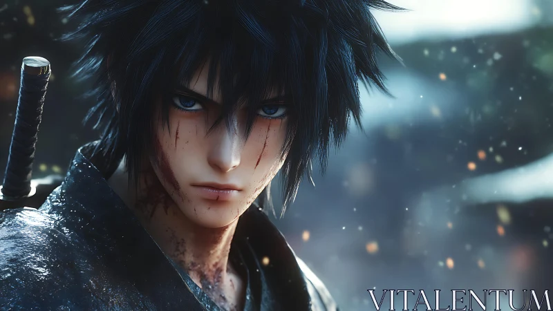 Battle-worn anime swordsman stares forward under cold light