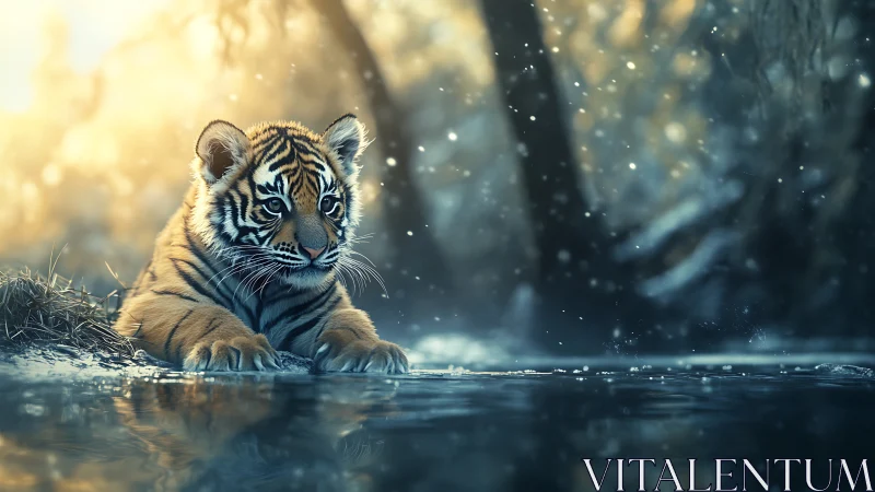 Curious tiger cub daydreams by a sparkling forest stream.