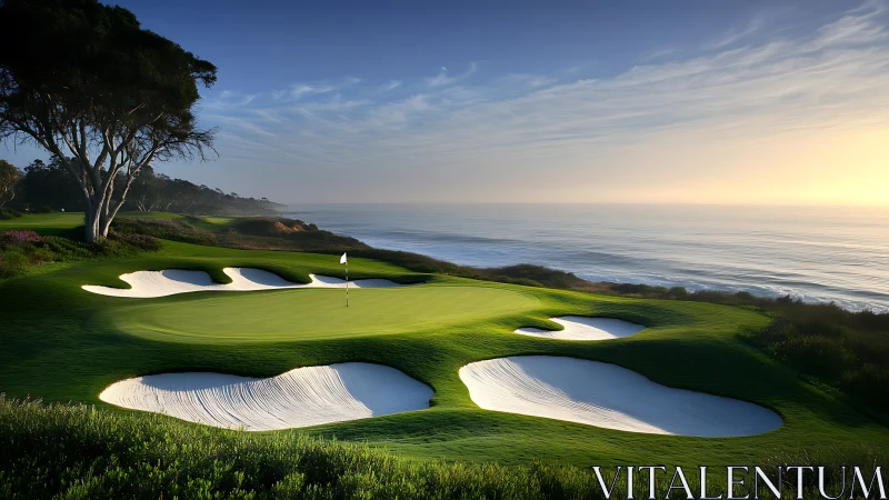Oceanfront golf green with sculpted bunkers at sunset glow