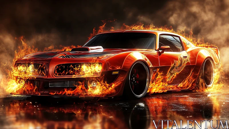 Inferno muscle car prowls through molten streetlight haze.