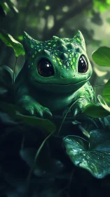 Green reptile creature resting on jungle leaves at dusk.