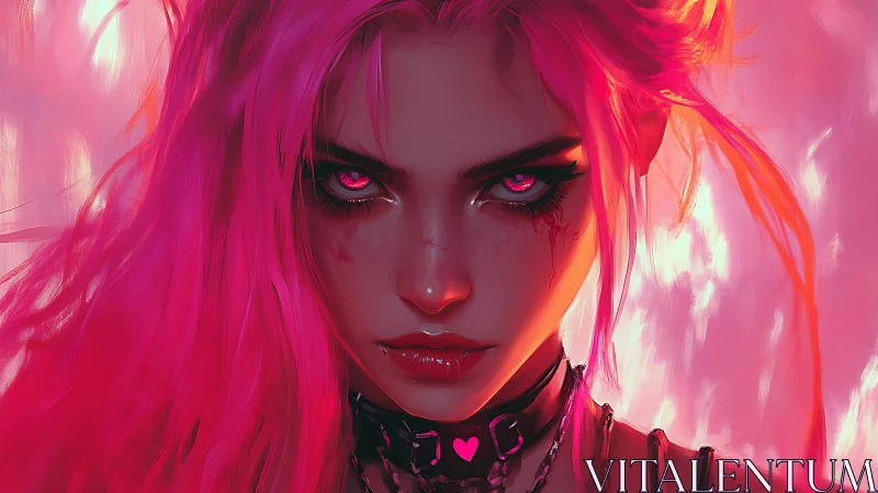 Cyberpunk girl with neon pink hair stares into camera
