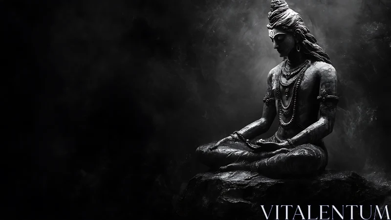 Monochrome meditative deity sculpture in volumetric chiaroscuro.
