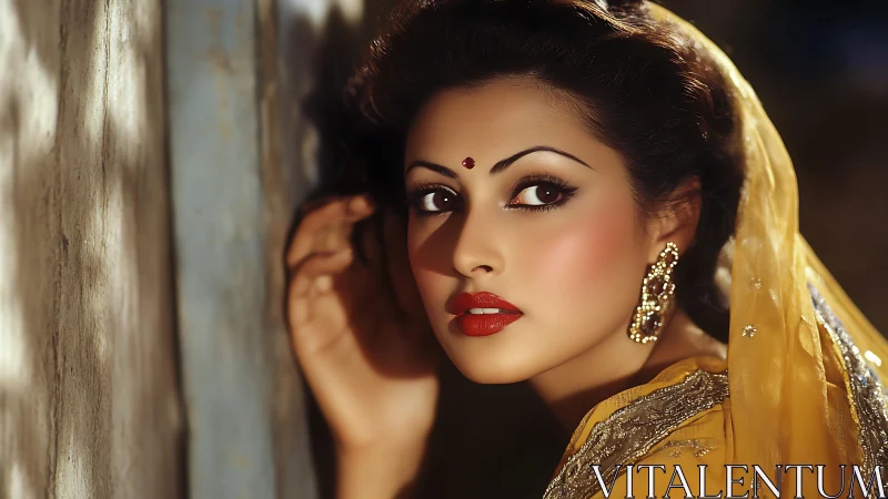 Regal woman in golden sari under dramatic side lighting.