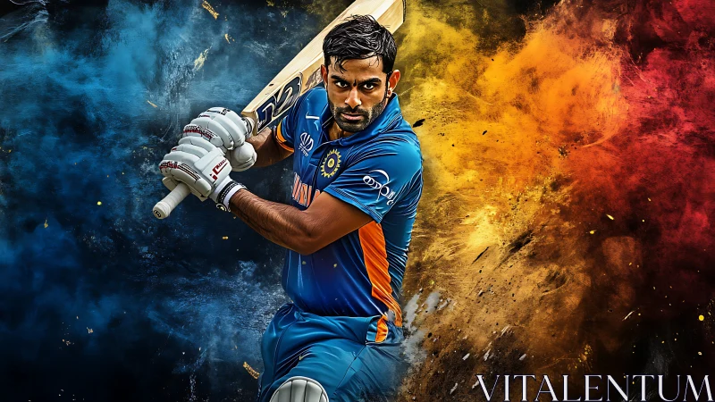 Cricketer drives the ball amid explosive color clouds.