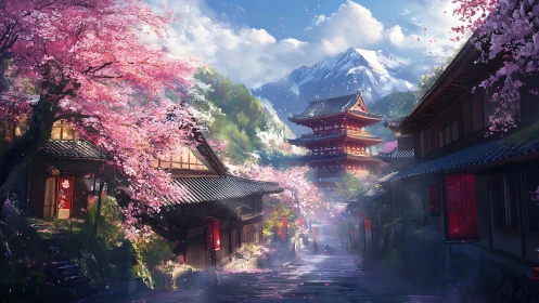 Blossom mist over a mountain temple street in springtime.