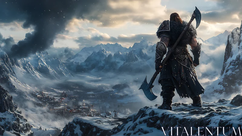Viking warrior surveys a frozen mountain stronghold at dusk.