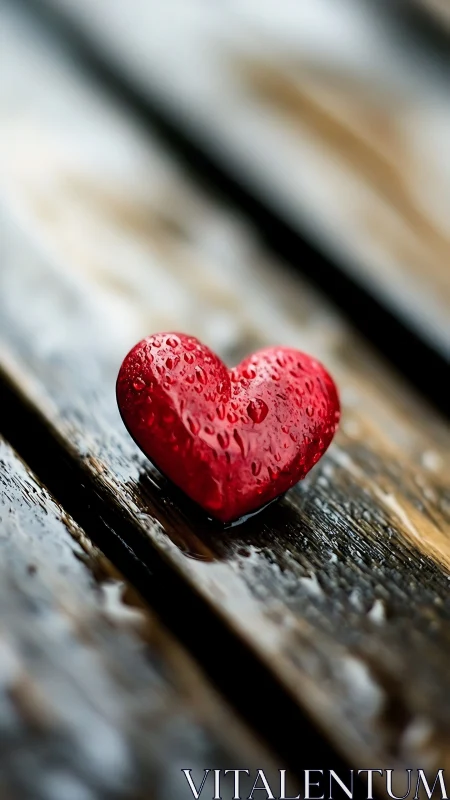 Red Heart Wet with Water Droplets on Wooden Surface