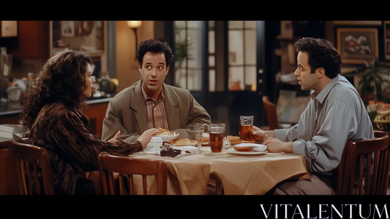 Three adults debate over dinner at warmly lit kitchen table