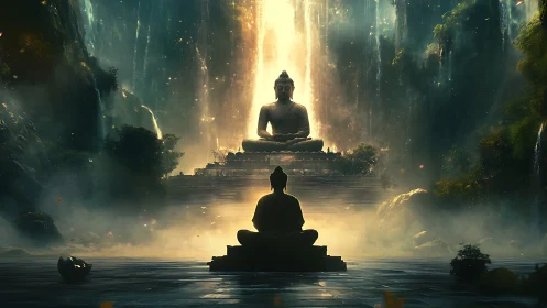 Monk contemplates colossal Buddha beneath cascading light