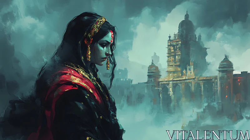 Scarlet mystic in mistbound palace echoes of a forgotten realm.