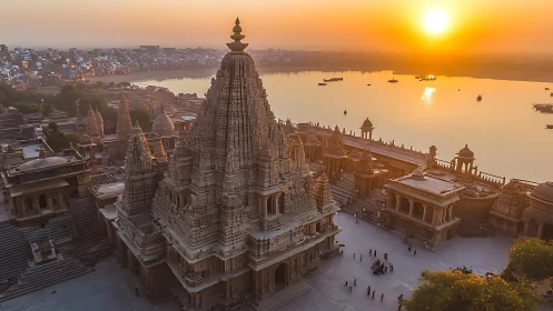 Sunlit riverside temple complex with soaring stone spires.