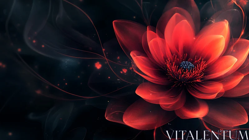 Radiant red digital blossom unfolds against luminous dark field