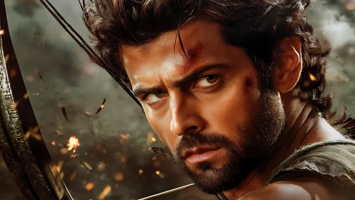 Battle-scarred hero holding steady in a storm of sparks.