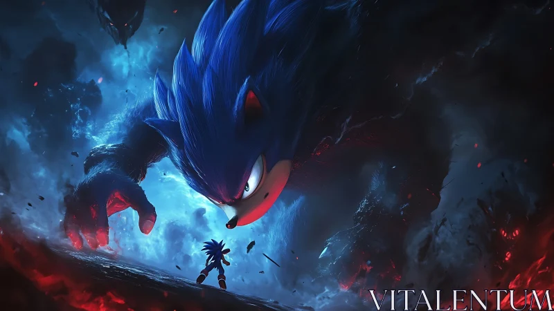Colossal blue creature confronting tiny hero amid fiery rift