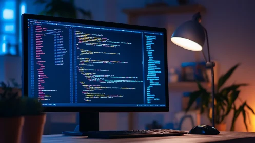 Wide desktop monitor displays colorful source code in moody studio