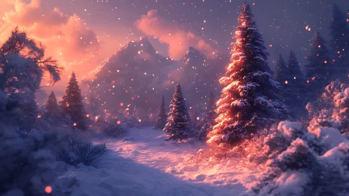 Snow-covered conifer forest at dusk with glowing warm bokeh