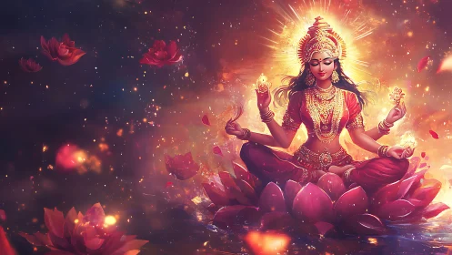 Radiant multi armed goddess seated on glowing lotus throne.