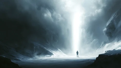 Mystical light column welcomes a lone explorer in icy void