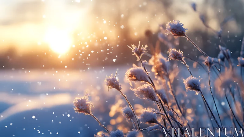 Snow dusted wildflowers glow under low winter sunrise.