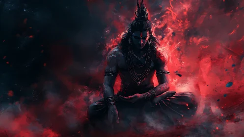 Meditating warrior figure in red and black swirling fire