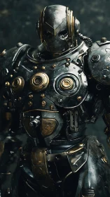 Steampunk war mech in worn brass and steel armor detail.
