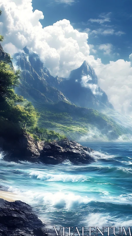 Dramatic Coastal Mountain Formation: Stratocumulus Cloud Dynamics Over Turquoise Waters.