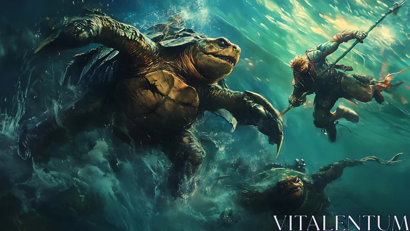 Warrior rides colossal sea turtles through storm surge.