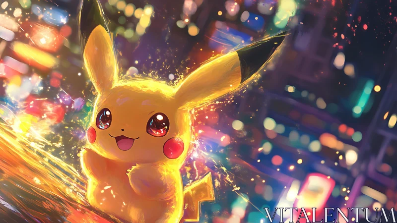 Digital painting of electric mascot in neon cityscape glow.