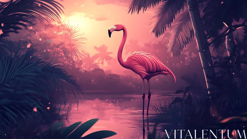 Solitary flamingo rests in a neon sunset jungle lagoon