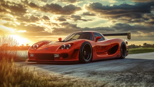 Sunlit red supercar poised on rural asphalt at dusk.