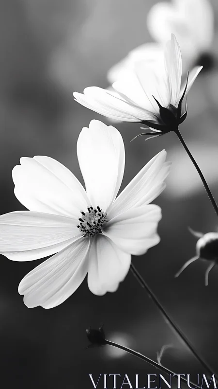 Monochromatic cosmos flowers with black stamens and thin stems.