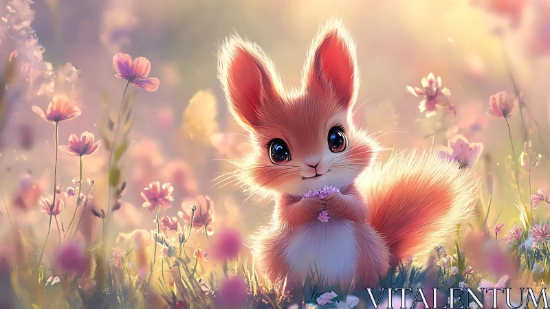Anthropomorphic baby squirrel in pastel wildflower meadow scene