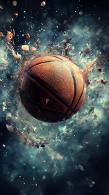 Exploding basketball shatters cosmic debris in sharp focus.