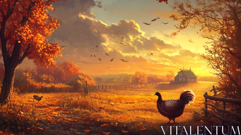 Autumn Farm Sunset with Rooster and Barn.