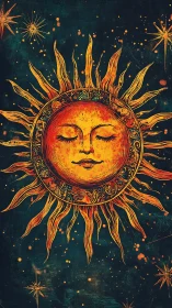 Celestial sun mandala with ornate rays on teal cosmos backdrop.