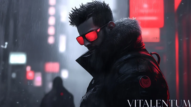 Cybernetic figure in red glasses in rainy neon street scene.