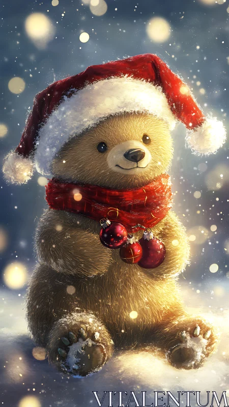 Teddy bear in winter scene wears Santa hat and holds baubles