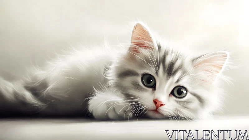 White tabby kitten with green eyes and pink nose against neutral background.