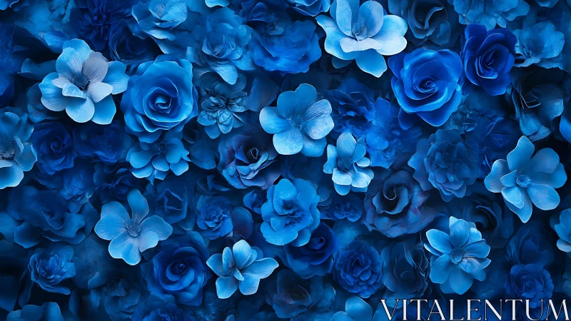 Monochromatic Blue Floral Composition: Dense Clustered Rose and Petal Arrangement