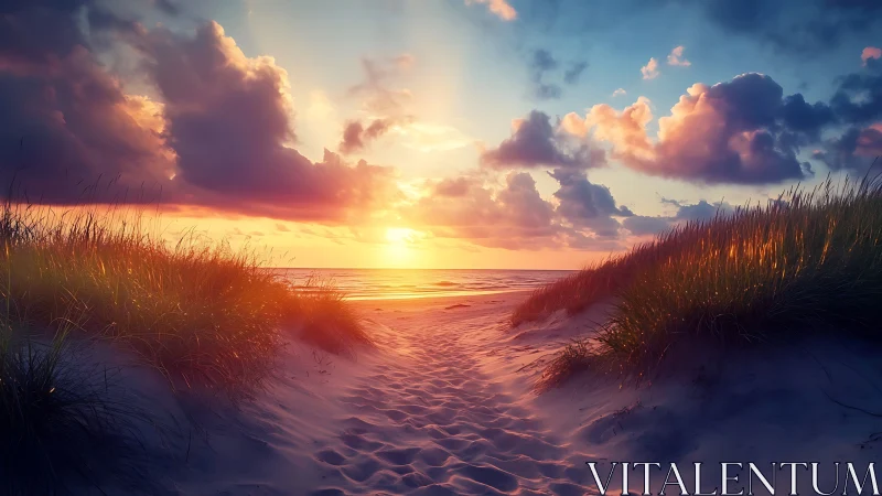 Sunlit dune pathway guides viewer toward radiant ocean horizon