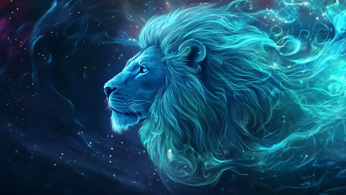 Majestic cosmic lion emerges in luminous teal starlight